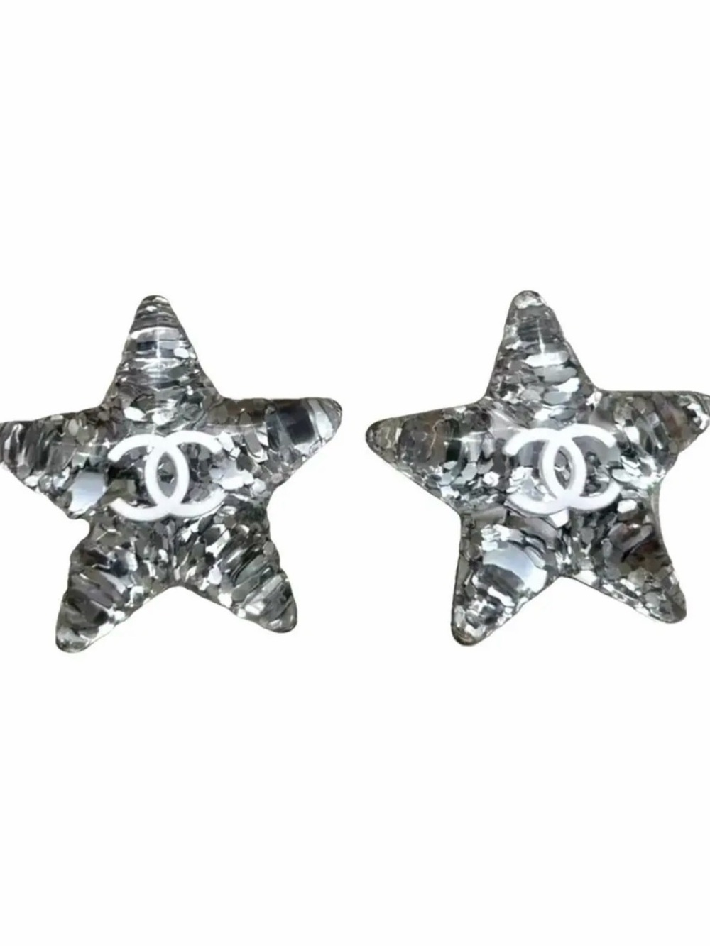 CHANEL White CC Silver Glitter Resin Star Studs